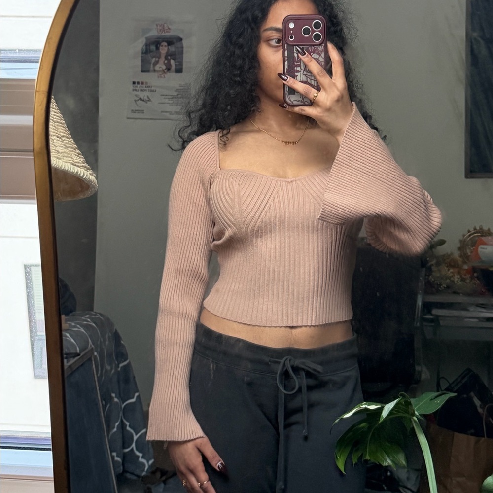 Promesa Blush Pink Ribbed Sweetheart Crop Sweater Top